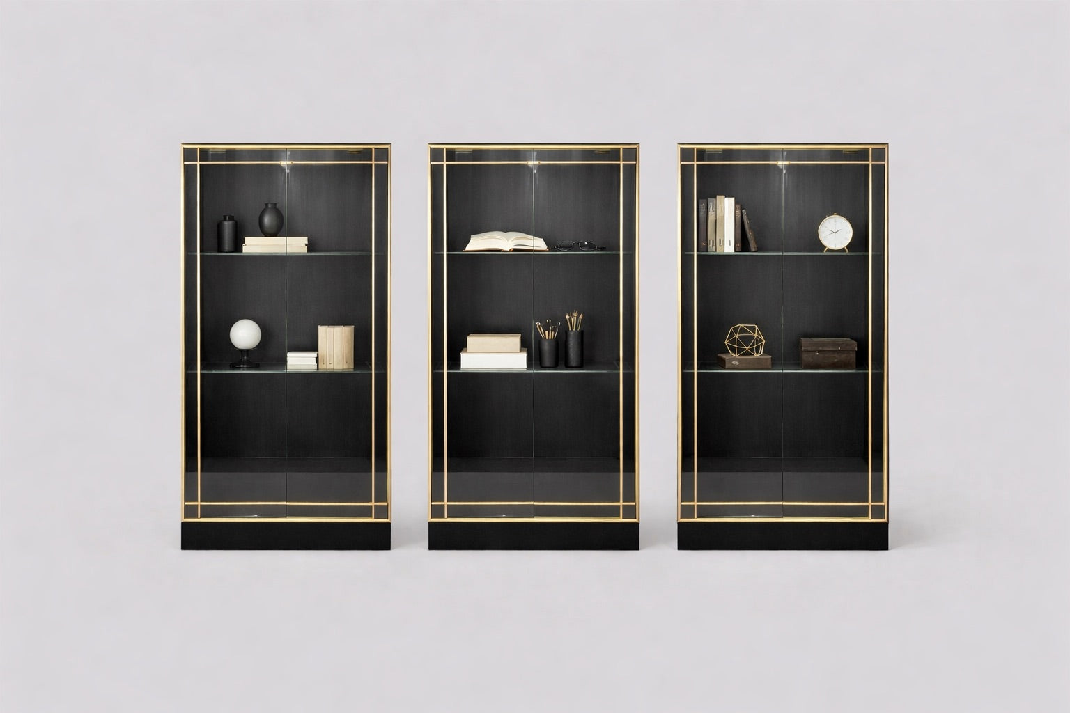 Display Cabinets Brass & Glass 1970s France Set of 3