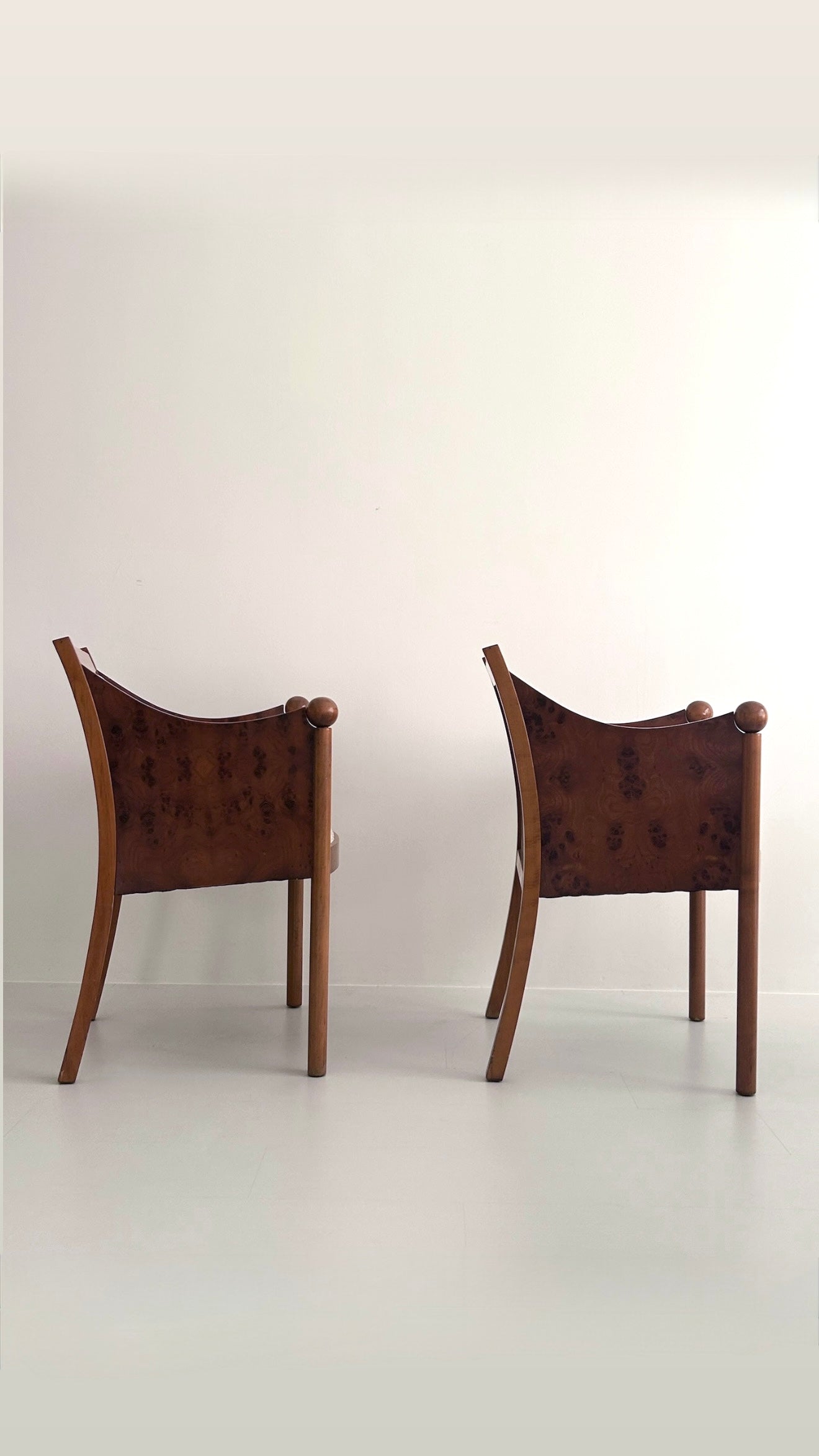Vintage Dark Burl Wood & Bouclé Armchairs  Set of 2