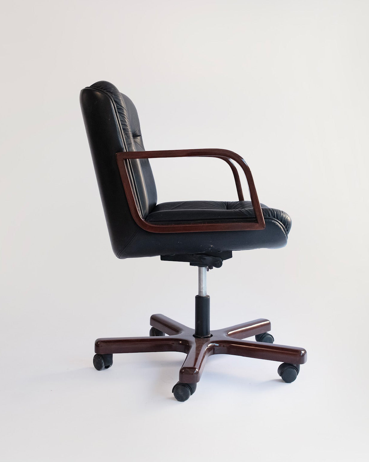 Office Chair Black Leather And Wood 1970s
