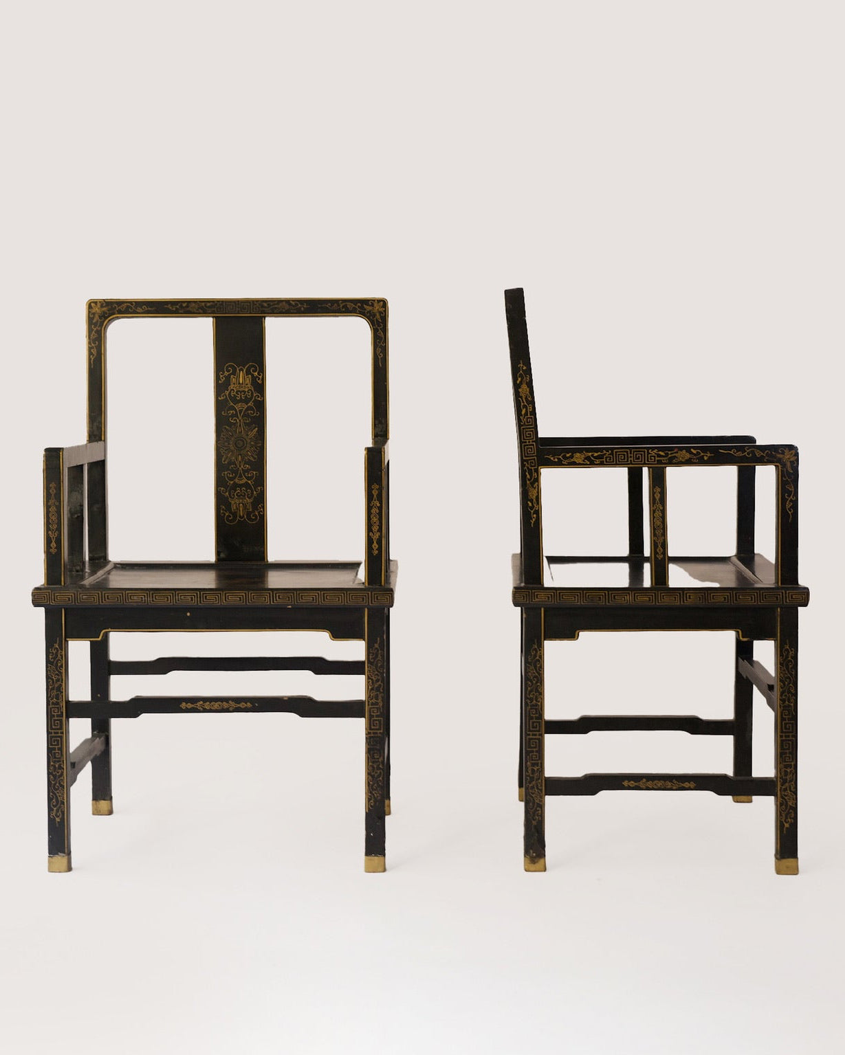 Chinoiserie Black Chairs 20th Century  Set of 2