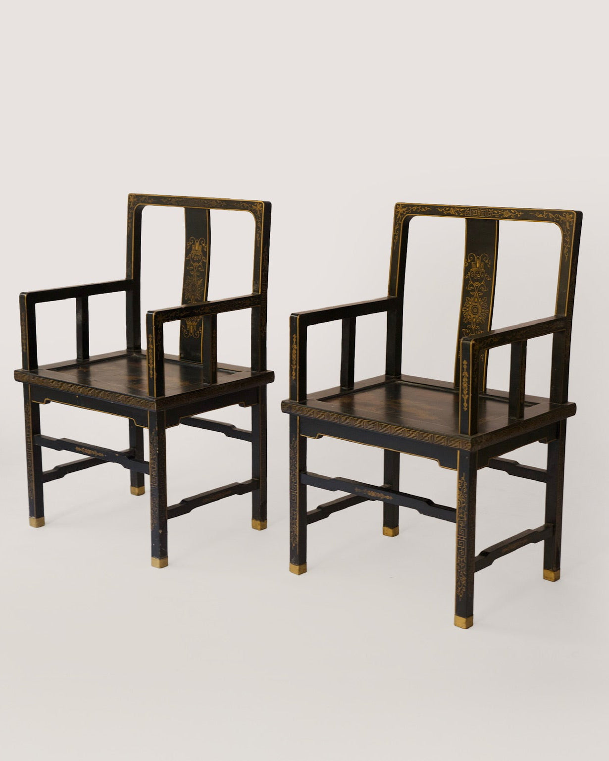 Chinoiserie Black Chairs 20th Century  Set of 2