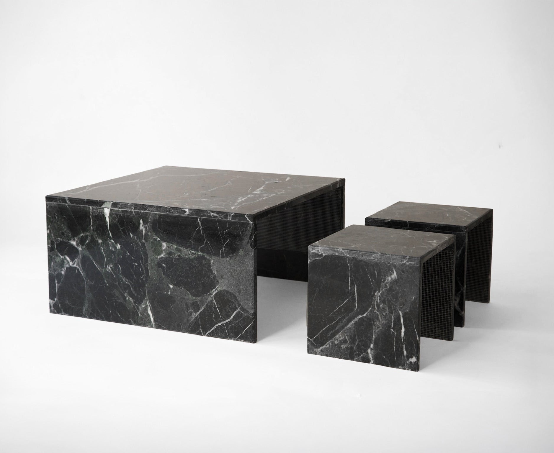 Marble Pedestal Tables Dark Green 1970s  Set of 3