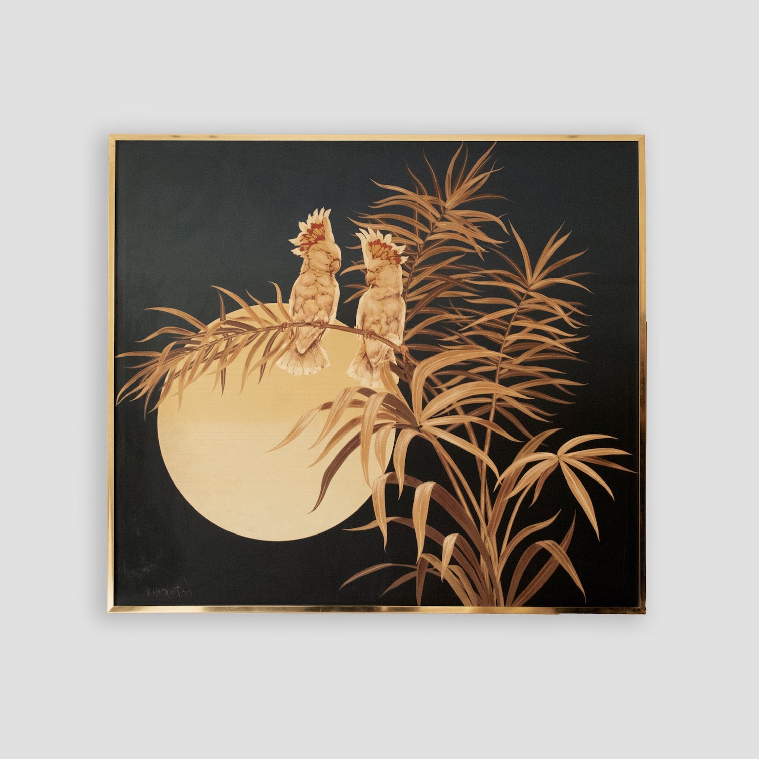 Mid-Century Cockatoos Screen-Printed Oil Painting by Letterman 1970s