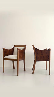 Vintage Dark Burl Wood & Bouclé Armchairs  Set of 2