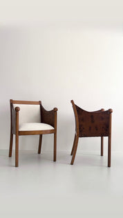 Vintage Dark Burl Wood & Bouclé Armchairs  Set of 2
