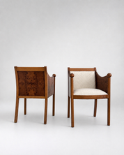 Vintage Dark Burl Wood & Bouclé Armchairs  Set of 2