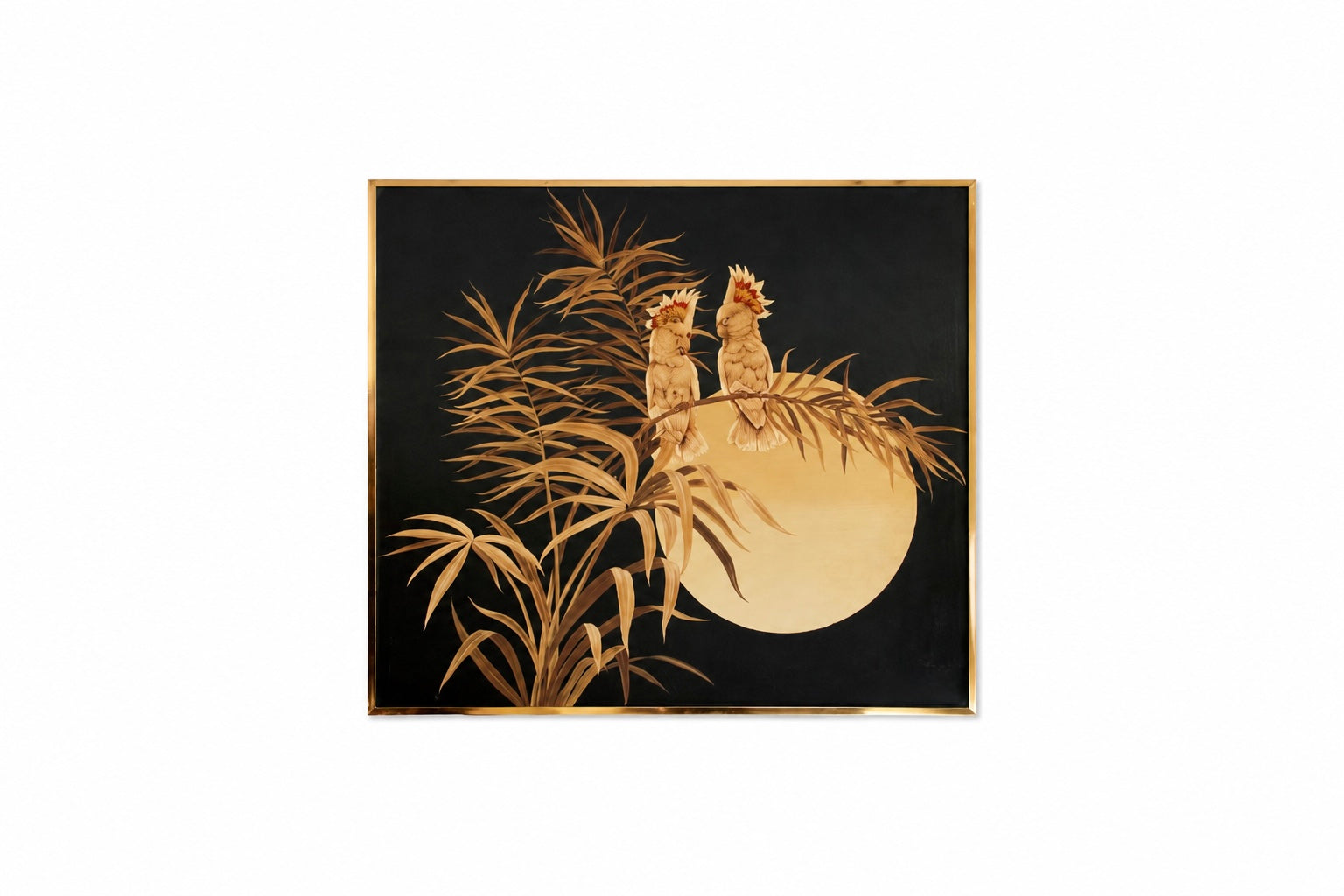 Mid-Century Cockatoos Screen-Printed Oil Painting by Letterman 1970s