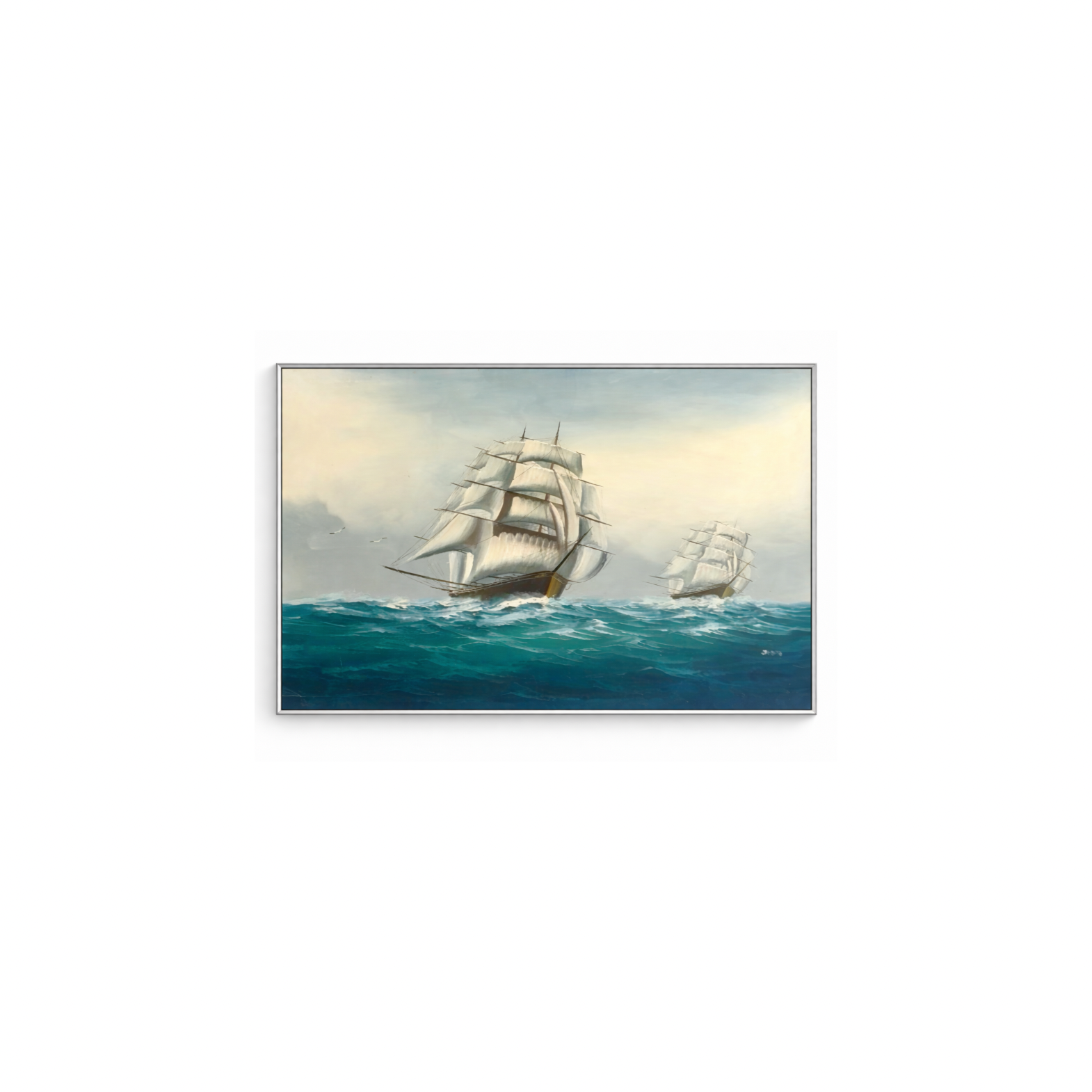 Vintage Signed Sailing Ships Oil Painting c.1980s