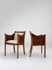 Vintage Dark Burl Wood & Bouclé Armchairs  Set of 2