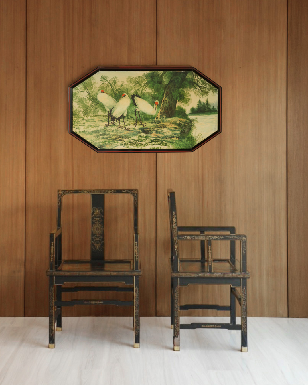 Chinoiserie Black Chairs 20th Century  Set of 2